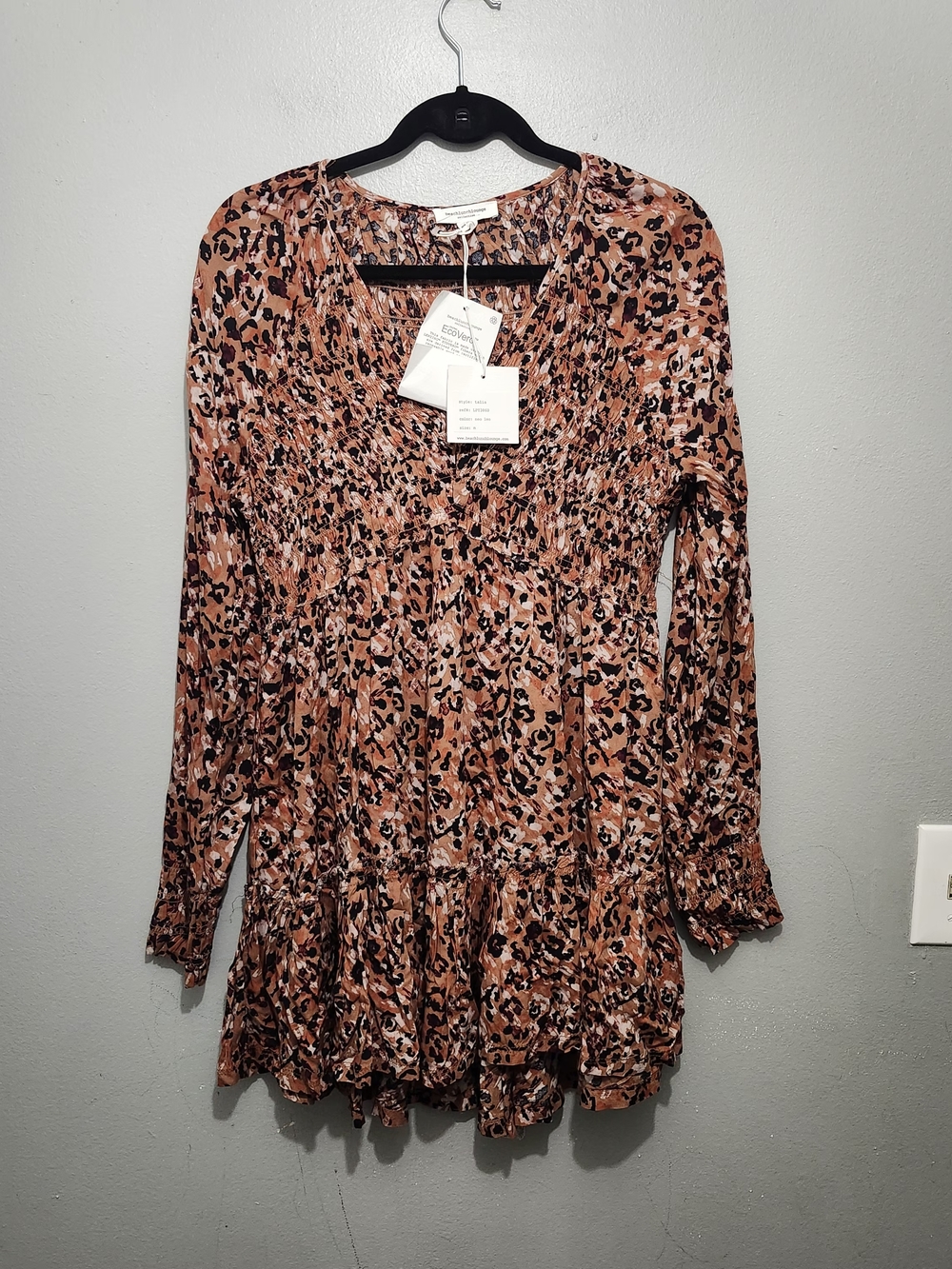 beachlunchlounge Tan and Black Animal Print Long Sleeve Mini Dress Size M New